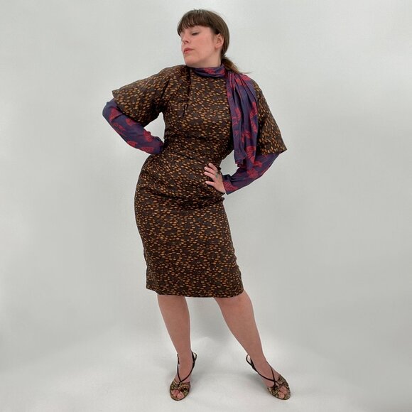 Vintage 50s Brown Printed Belted Sheath Wiggle Bombshell Dress S/M - Picture 3 of 12